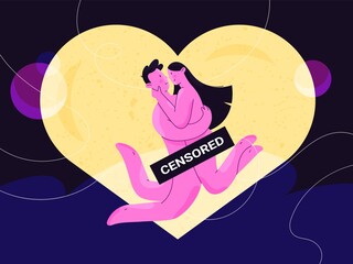 Nude man and woman hugging happily in front of lighting heart with censored sign. Couple of newlyweds in their honeymoon. Harmony in love and sex relationship. Comfort and confidence.