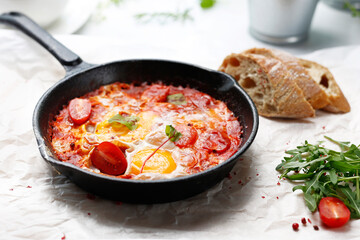 Shakshouka,eggs baked with tomatoes. Ready dish served in a hot pan. Suggestion of serving the dish.