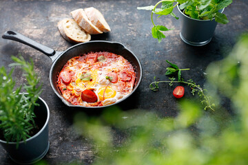 Eggs and tomatoes baked in a pan. Ready dish served in a hot pan. Suggestion of serving the dish.