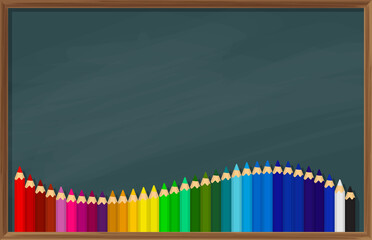 VECTOR EPS10 - color pencil sort by values put in curve style on chalkboard wooden frame with chalk scratch.
