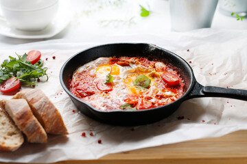 Shakshouka, eggs baked with tomatoes. Ready dish served in a hot pan. Suggestion of serving the dish.