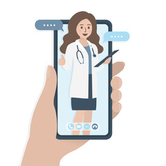 Smartphone in hand, female doctor showing thumb up on mobile phone screen. Online doctor, medical consultation application and healthcare concept.