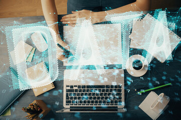 Fototapeta premium Multi exposure of writing hands on background with data solution hologram. Technology concept.