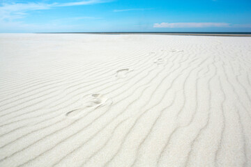 Fototapeta na wymiar Calm day on abandoned white sand beach.