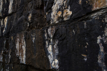 Close up. Black, white and brown  rock pattern on the  Rocky Mountains, Canada Background or texture  