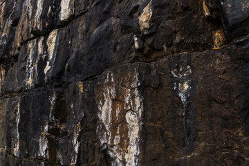Close up. Black, white and brown  rock pattern on the  Rocky Mountains, Canada Background or texture  