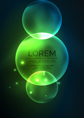 Glowing neon shiny transparent bubbles, glass circles or bio cell concept. Techno futuristic vector abstract background For Wallpaper, Banner, Background, Card, Book Illustration, landing page