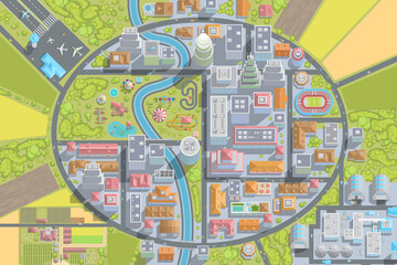 Vector illustration. City top view. Cityscapes view from above. Streets, houses, buildings, roads, parks, farm, field, factory, airport, suburb.