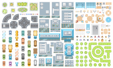 Set of landscape elements. Houses, architectural elements, furniture, plants. Top view. Road, cars, people, furniture, houses, flowerbed. View from above. 