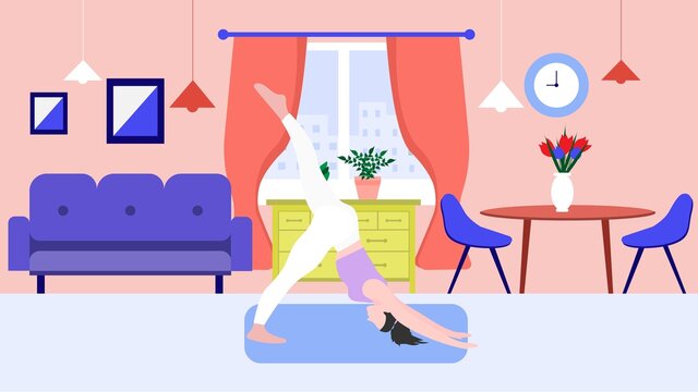 The girl practices yoga at home. Flat design. Vector image, eps 10  version