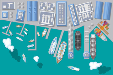 Vector illustration. Port with ships. Top view. Seaport, cargo and passenger ships, warehouses, sea, clouds. View from above. 