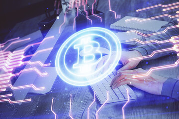 Blockchain theme hud with businessman working on computer on background. Concept of crypto chain. Multi exposure.