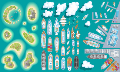 Vector set. Summer vacation. Islands, ships, ports. (top view) Time to travel - sun, sea, island, sand, yacht, airplane, clouds. (view from above) - 360141774