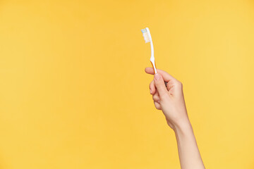 Side view of young pretty female's raised hand holding toothbrush while going to clean teeth, posing over orange background. Everyday routine and teeth care concept