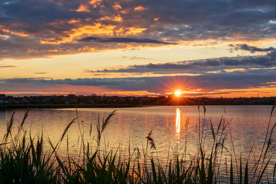 Beautiful sunset on the lake, with reeds in the foreground, the setting sun with rays © pobaralia