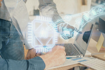 Fototapeta premium Multi exposure of tech drawings with man working on computer background. Concept of innovation.