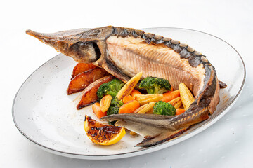Sturgeon baked with potatoes and steamed vegetables