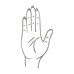 Hand gesture vector icon. Number five sign symbol. Hello or hello hand gesture. Hand drawn sketchy illustration with mystic and occult hand drawn symbols. Five fingers counting a female palm.