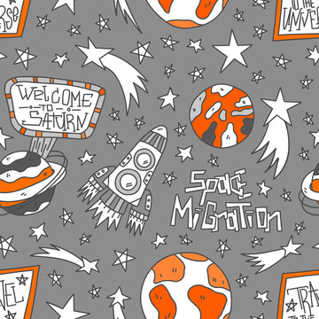 Cartoon space seamless pattern vector illustration. Doodle style planets Saturn, Earth, Mars. Hand drawn lettering with stars and shuttle. For child textile and wallpaper. Galaxy web background