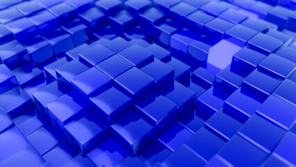 Minimalistic waves pattern made of cubes. Abstract Blue Cubic Waving Surface Futuristic Background.  3d render illustration.