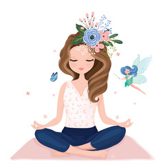 Yoga girl with little fairy vector illustration