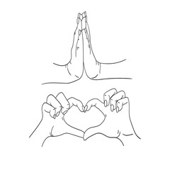 Vector linear drawing of hands, hand gestures, gesture showing love, heart with hands, palm to palm, hand to hand. Touch. Show love with your hands. Black and white design.
