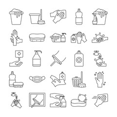 Cleaning service line style icon set vector design