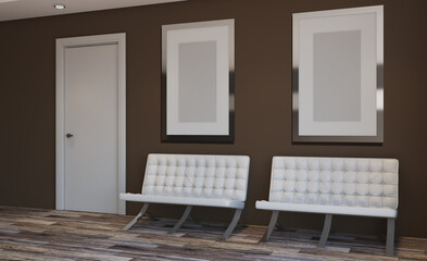 Fototapeta na wymiar Reception in the business center. large windows with city views. armchairs for visitors.. 3D rendering. Mockup. Empty paintings