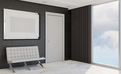 hotel lobby. large windows with city views. armchairs for visitors. 3D rendering. Mockup.   Empty paintings