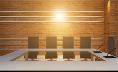 Open space office interior with like conference room. Mockup. 3D rendering.. Sunset