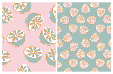 Funny Abstract Citrus Vector Pattern. Simple Hand Drawn Lemons Isolated on a Pastel Pink and Light Pale Mint Green Backgrounds. Funny Infantile Style Fruits Vector Print.