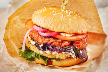 fresh burger with cutlet and vegetables
