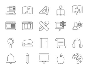 education school and university line style icon set vector design
