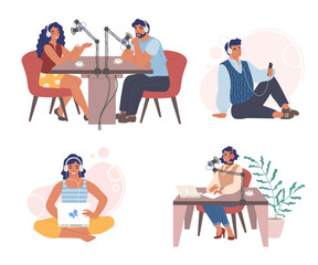 Radio podcast set, vector flat isolated illustration. People creating podcast in studio and listening to audio programs on smartphone and laptop computer. Podcasting, online radio. - obrazy, fototapety, plakaty