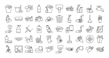 Cleaning service line style icon set vector design