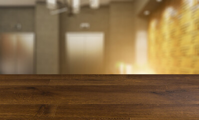 blurred interior on a wooden table background.Reception is a small business center. closed space. stainless steel elevator doors. concrete and wood panel walls. 3D rendering. Sunset