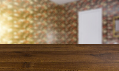 blurred interior on a wooden table background.Spacious bathroom in gray tones with heated floors, freestanding tub. 3D rendering.. Sunset