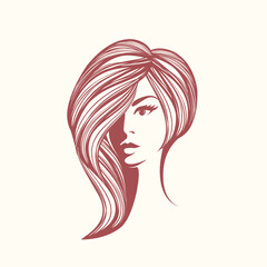 Beauty salon and hair studio logo.Long, wavy hairstyle and elegant makeup illustration.Beautiful woman portrait.Front view face.Cosmetics and spa icon.