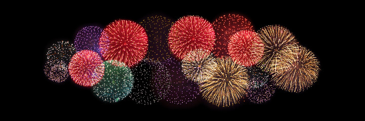 Colorful fireworks pattern black night sky background isolated closeup, firecracker border, red, golden, purple sparks backdrop, celebration design element, holiday banner, festive concept, copy space