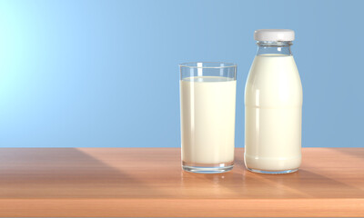 A glass of milk and a bottle on a wooden table with reflections, 3D rendering