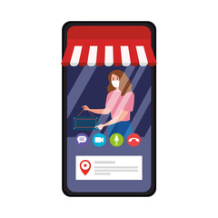 shopping online on website or mobile, woman wearing medical mask against covid 19 with sign hanging in smartphone