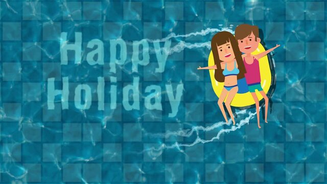 Happy couple on holiday, Tourism, hotel, welcome animation, couple floating on swimming pool. Celebrating honeymoon, valentines day, vacation