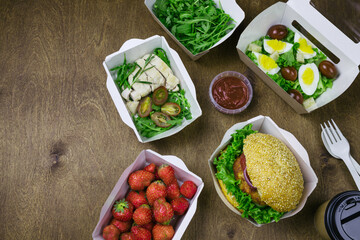 Containers with takeaway food. view from above