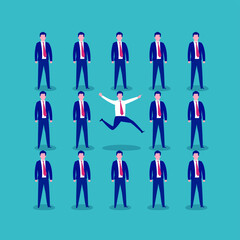 Businessman freedom vector concept: businessman in the middle of other businessmen crowd with no suit jumping in joy. Be different