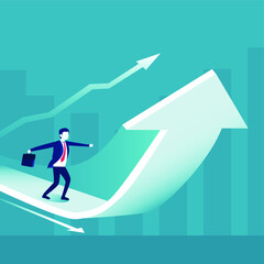 Business success vector concept: Businessman balancing himself while standing on an upward chart