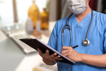 Doctor using clipboard and digital tablet find information patient medical history at the hospital. Medical technology concept. 