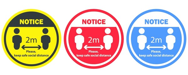 Social distancing concept for preventing coronavirus covid-19 with wording 2m and please keep safe social distance on circle background. warning or caution sign.