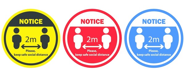 Social distancing concept for preventing coronavirus covid-19 with wording 2m and please keep safe social distance on circle background. warning or caution sign.