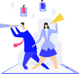 Job vacancy vector concept: business people looking for new employees with telescope and megaphone