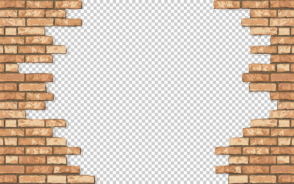 Realistic Vector broken brick wall horizontal transparent background. Hole in flat bown wall texture. Yellow textured brickwork for print, design, decor, background
